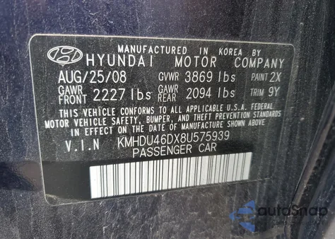 2008 Hyundai Elantra Gls z USA, uszkodzony, nr VIN KMHDU46DX8U575939